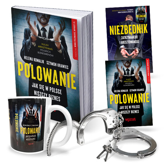 „Polowanie. Jak się w Polsce niszczy biznes”, „Niezbędnik zatrzymanego i aresztowanego” oraz policyjne kajdanki szczękowe i kubek KSIĄŻKA + E-BOOK + „NIEZBĘDNIK ZATRZYMANEGO i ARESZTOWANEGO” (PDF) + ORYGINALNE, POLICYJNE KAJDANKI SZCZĘKOWE + KUBEK